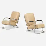 Wolfgang Hoffmann, Lounge chairs, pair, c. 1935, chrome-plated tubular steel, enameled steel, lacquered wood, vinyl