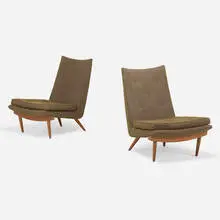 George Nakashima, Origins lounge chairs, pair, 1957, American black walnut, upholstery