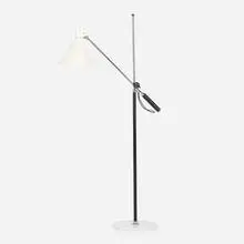 Koch & Lowy, Floor lamp, c. 1960, chrome-plated steel, enameled aluminum, stitched leather