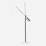 Koch & Lowy, Floor lamp, c. 1960, chrome-plated steel, enameled aluminum, stitched leather