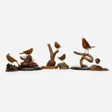 K. E. Carl, Collection of six bird sculptures, 1985-89, hand-carved wood, driftwood, enameled metal