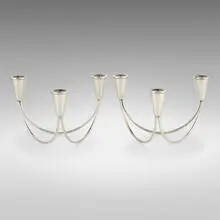 Candleholders, pair by Maurice Duchin, c. 1960, weighted sterling silver, sold Mar 2021