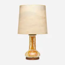 Table lamp by Modern, c. 1950, glazed ceramic, milk glass, brass, plastic, wood, sold Mar 2021