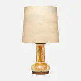 Table lamp by Modern, c. 1950, glazed ceramic, milk glass, brass, plastic, wood, sold Mar 2021