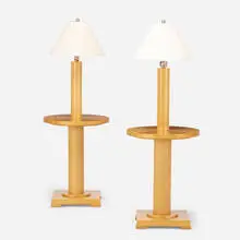 Lamp tables, pair by Michael Graves, c. 2005, maple, linen shades, sold Mar 2021