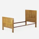 Robert 'Mouseman' Thompson, Single bed frame, c. 1935, carved oak, enameled steel
