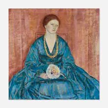 Woman with a Blue Dress by Frederick Carl Frieseke, 1917, oil on canvas, offered Jun 2025