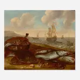 Abraham Willaerts, Seascape with various vessels, with fish in foreground, oil on panel