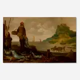 Abraham Willaerts, A beach scene with fishermen and a still life of fish in the foreground, oil on panel