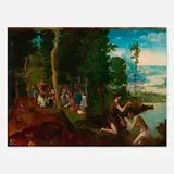Netherlandish School 16th century, Landscape with Saint John the Baptist preaching and the baptism of Christ, oil on panel