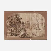 Roman School, A Bishop in audience before Pope Julius, pen and ink on paper