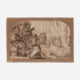 Roman School, A Bishop in audience before Pope Julius, pen and ink on paper