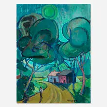 Fritz Schwaderer, Untitled (Tree-lined Landscape with Houses), oil on panel