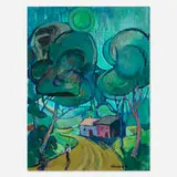 Fritz Schwaderer, Untitled (Tree-lined Landscape with Houses), oil on panel