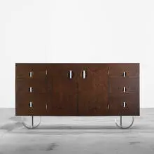 cabinet, model 3321 by Gilbert Rohde, 1933, Maidou burl, mahogany, matte chrome-plated steel and brass, sold Sep 2011