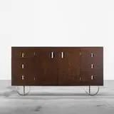 Gilbert Rohde, cabinet, model 3321, 1933, Maidou burl, mahogany, matte chrome-plated steel and brass