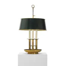 Maison Baguès, table lamp, c. 1945, brass, enameled brass, plastic, glass