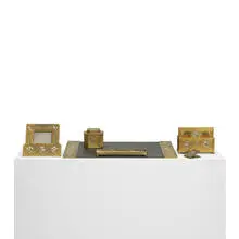 Tiffany Studios, desk set, c. 1900, gilt bronze, mother of pearl, leather