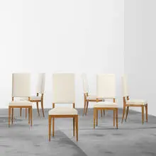 Maurice Laffaille, dining chairs, set of six, c. 1940, oak, canvas