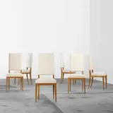 Maurice Laffaille, dining chairs, set of six, c. 1940, oak, canvas