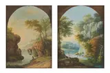 Paysages italiens avec paysans by Fin du XVIIIe Siecle Ecole Suisse, gouache sur papier, une paire, offered Feb 2023