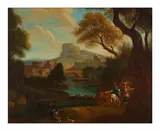Debut XIXe Siecle Ecole Francaise, Paysage lacustre animé, porte une signature 'L. (?) Poussin' en bas à gauche