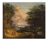 Paysage animé de deux personnages et d'un chien, un village au loin et un cour d'eau à droite by XVIIIe Siecle Ecole Flamande, monogrammé 'A. W.' (en bas à gauche) et inscription 'Abbé Cruze n. 24' (au reverse), offered Feb 2023