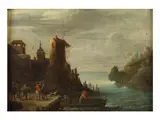 Cercle de David Teniers I, Paysage fluviale avec des personnages sur les rives, oil on panel