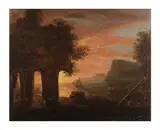 Debut XIXe Siecle Ecole Francaise, Paysage marin au crépuscule, Huile sur papier marouflé sur panneau