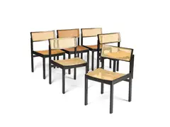 Willy Guhl, Suite de six chaises, A set of six black lacquered wood and caned chairs by Willy Guhl designed in 1959