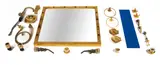 Marc Du Plantier, Eléments de décoration d'une salle de bain, A bathroom set in brass, marble and blue altuglas designed by Marc du Plantier in 1973