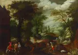 Flemish School, Hunters in an extensive landscape, oil on canvas