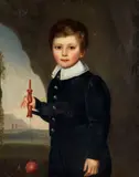 A portrait of a boy holding a toy by Continental School, oil on canvas, sold Feb 2023