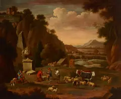 Paulus Potter, A group of figures with cattle, sheep, and a dog in a fantastical landscape, oil on canvas