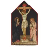 The Crucifixation by Italian School, oil and gilding on a shaped panel, sold Feb 2023
