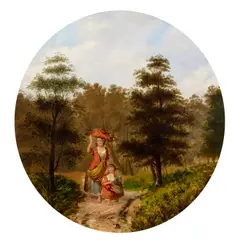 Snr. William Shayer, Gathering faggots on a country road, oil on canvas, oval