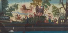 French School, Four fan designs: Fishermen's return; Peasants working and resting in the fields; The demolition of the old Church of Notre Dame des Blancs Manteaux, circa 1680; and Allegory of marriage with Venus, all gouache with scoring indentations marking the shape of the fan
