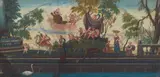 French School, Four fan designs: Fishermen's return; Peasants working and resting in the fields; The demolition of the old Church of Notre Dame des Blancs Manteaux, circa 1680; and Allegory of marriage with Venus, all gouache with scoring indentations marking the shape of the fan