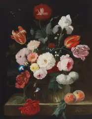 An opulent still life of assorted flowers in a vase with peaches on a stone ledge by Franz Xaver Pieler, oil on canvas, offered Feb 2023