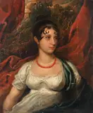 called Baron Gerard Francois Pascal Simon Gerard, Portrait of a young lady, half-length, in a white dress and coral beads, oil on canvas