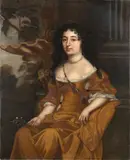 Sir Peter Lely, Portrait of a lady, three-quarter-length, in a gold dress, seated before a fountain, oil on canvas