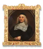 Pieter Borsseler, Portrait of a gentleman, half-length, in black costume with a white lace collar, within a stone cartouche, oil on canvas