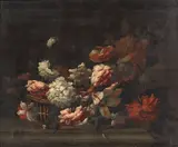 Jean-Baptiste Monnoyer, Still life of roses and chrysanthemums in a basket, on a stone ledge, oil on canvas