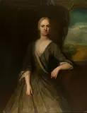 Michael Dahl the Younger, Portrait of Mary Frederick, Mrs Powell, three-quarter-length, in a blue dress, her left arm on a plinth, with a landscape beyond; Portrait of Leonora Frederick, Mrs Romney Diggle, three-quarter-length, seated, in a white dress, her left arm resting on a plinth, with a landscape beyond, a pair, oil on canvas