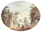 Samuel Hieronymus Grimm, An English village with figures near houses, pen, grey ink and watercolour on wove paper, drawn oval