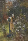 Picking flowers in a summer garden by George Sheridan Knowles Ri, Rba, Roi, Rca, oil on panel, sold Sep 2023