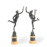 Giambologna, pair of late 19th century French patinated bronze and marble figures of Mercury and Fortuna, patinated bronze and marble