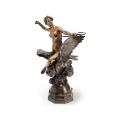 George Marie Valentin Bareau, patinated and parcel gilt bronze figural group of a female huntress and an eagle, parcel gilt bronze