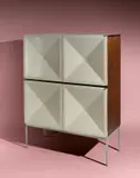 Cabinet „Pointe de Diamant“ (Modell 1307) by Antoine Philippon und Jacqueline Lecoq, 1962, Mahagoni, furniert auf Spanplatte, Birke; Stahlrohr, vernickelt; Türen lackiert, Glas – Hersteller: Erwin Behr, Wendling, sold Nov 2017