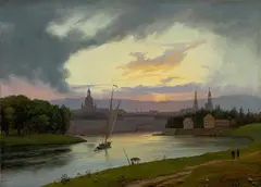 Knud Baade, Blick auf Dresden bei Sonnenuntergang, 1838, Öl auf Bütten auf Holz